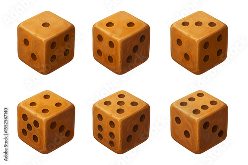 Fototapeta Naklejka Na Ścianę i Meble -  A set of six wooden dice, each showing a different face from one to six. The dice have a rustic, hand-crafted appearance with natural wood grain textures and slightly worn edges, giving th