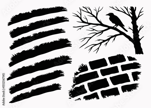 Vector Brush Stroke and Ink Splash Set. Dirty Highlighter Marker Underlines, Paint Smears, Grunge Drips and Drops. Realistic Texture Borders for Callout Graphics and Layout Designs.

