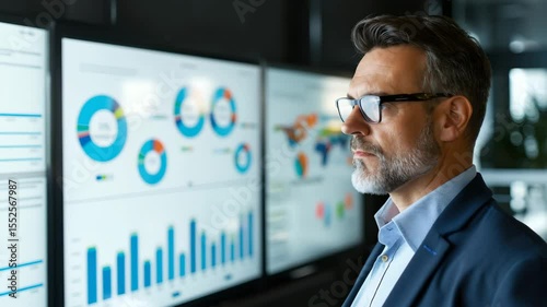 Businessman analysis data chart graph statistic digital screen office professional technology finance focused analytics planning strategy success modern workspace confident management