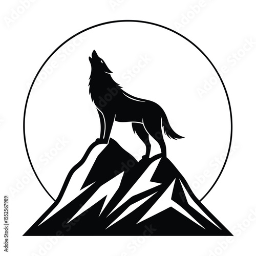Majestic wolf silhouette on a mountain peak silhouette vector illustrations on white background