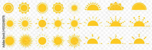 Yellow sun icons set of 24, sunshine and solar glow, sunrise or sunset. Decorative circle full and half suns and sunlight collection. Hot solar energy for tan on Transparent Background. EPS 10.
