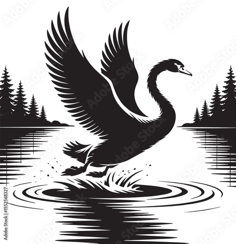 Graceful Swan Landing on Water – Elegant Black and White Silhouette Illustration