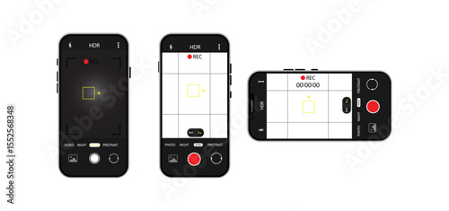 Camera interface in phone screen. Photo, video ui in cellphone. App for record from mobile cam. Viewfinder, grid, focus, button and rec. Smartphone for photography, selfie and video interface. Vector.