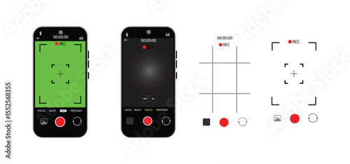 Smartphone Camera Interface: Viewfinder, Grid, Buttons, Lights, and Focus Controls in Mobile Photography Apps. Vector.