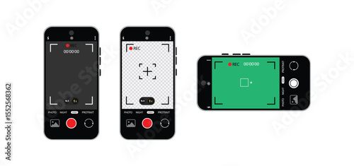 Smartphone Camera Interface: Viewfinder, Grid, Buttons, Lights, and Focus Controls in Mobile Photography Apps. Vector.