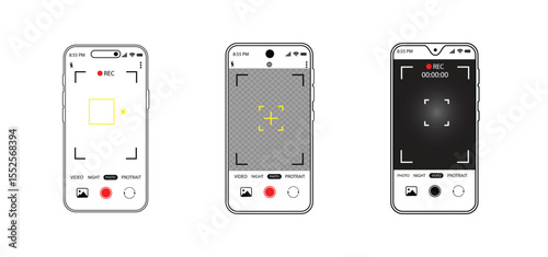 Camera interface in phone screen. Photo, video ui in cellphone. App for record from mobile cam. Viewfinder, grid, focus, button and rec. Smartphone for photography, selfie and video interface. Vector.