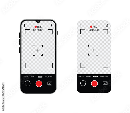 Camera interface in phone screen. Photo, video ui in cellphone. App for record from mobile cam. Viewfinder, grid, focus, button and rec. Smartphone for photography, selfie and video interface. Vector.