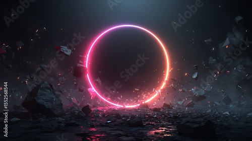 Futuristic Neon Circle Glowing Amidst Shattered Rocks and Dark, Smoky Background, Abstract 3D Rendering