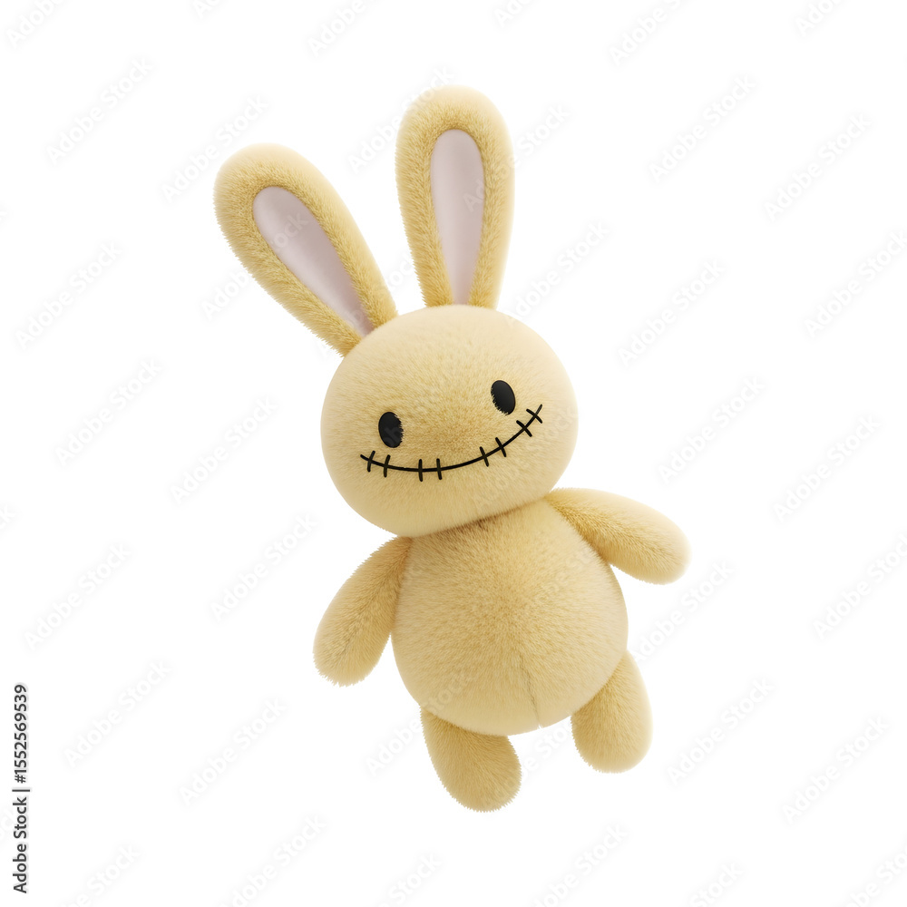 Obraz premium A fluffy yellow plush rabbit with stitched facial features is positioned against a transparent background. The toy has long ears and a sewn-on smile.