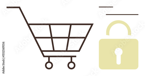 Shopping cart outline beside a padlock emphasizing security and protection in e-commerce. Ideal for e-commerce, online safety, data protection, payment security, digital shopping, cybersecurity