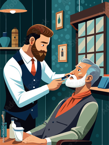 Professional barber giving a shave to an older client in a retro-style barbershop, great for logo design and branding projects related to grooming services.