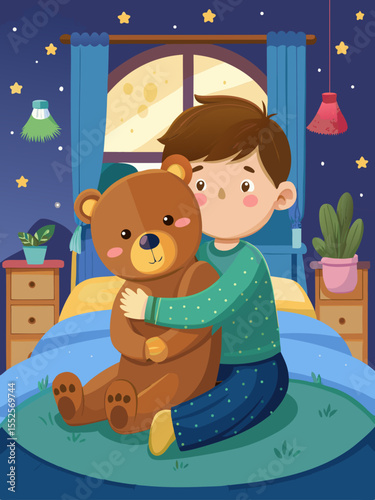 A sweet bedtime scene showcases a boy hugging a teddy bear, perfect for children's book design and branding, with stars, moon and soft colors.