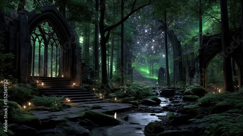 Ancient mystical forest path lit by ethereal light