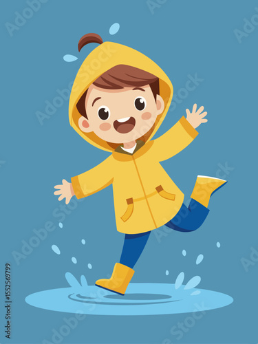 Joyful cartoon child is splashing happily in puddles, wearing a bright yellow raincoat and boots on a rainy day, perfect for springtime designs.