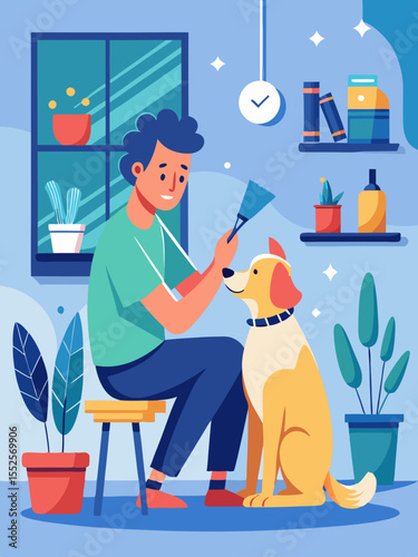 Man grooming a friendly dog in a cozy room interior, suitable for pet care services and veterinary clinic branding.