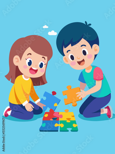Joyful youngsters collaborate to complete a vibrant jigsaw puzzle, an engaging concept perfect for educational and playful designs.