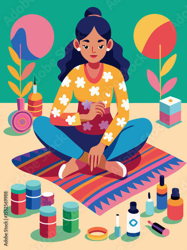 Creative flat design showing a woman seated surrounded by beauty and skincare products with flowers and artistic geometrical shapes.