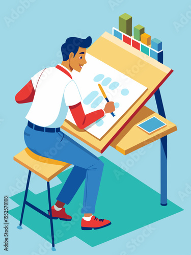 Young male artist works at a drafting table, creating art with a pencil, making this a great graphic for creative projects.