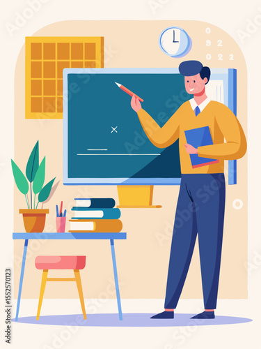 A vibrant graphic features a teacher with a chalkboard, suitable for educational materials and back to school designs.