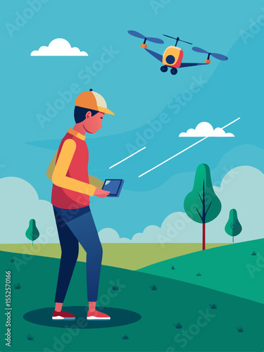 Cartoonish graphic depicts a person operating a drone in a scenic landscape, suitable for presentations, educational materials, or recreational applications.