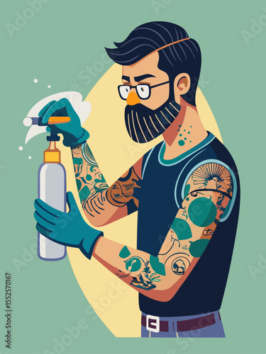Tattooed man spraying cleaner is great for hygiene concepts, barbershops, or general health-related designs and social media.
