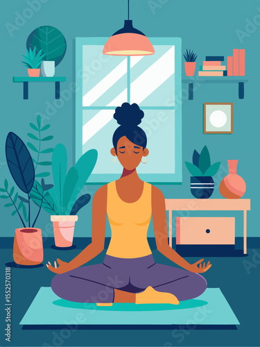 Harmonious yoga scene with a meditating woman surrounded by plants, perfect for wellness brands and peaceful lifestyle designs.