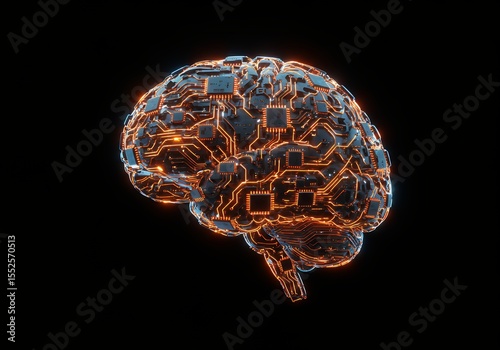 Digital brain concept showcasing artificial intelligence, machine learning and neural network technology on dark background.