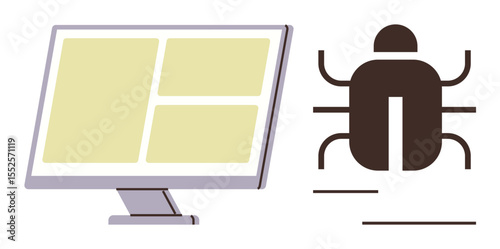 Computer monitor with yellow grid layout beside a stylized insect representing software bugs. Ideal for programming, debugging, software testing, cybersecurity, error detection, IT issues, coding
