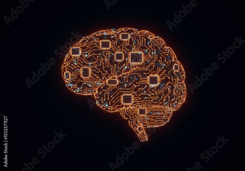 Glowing brain circuitry illustrates artificial intelligence on a clean, dark background symbolizing cognitive function.