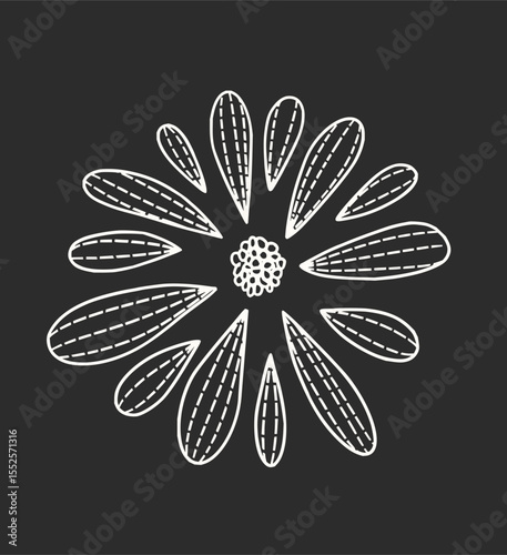Minimilist detailed floral design with dashed lines featuring stylized flowers and leaves in a monochrome palette vector