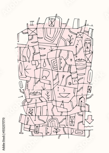 Minimilist black and white drawing of a cityscape with houses and wavy lines in an abstract arrangement style vector