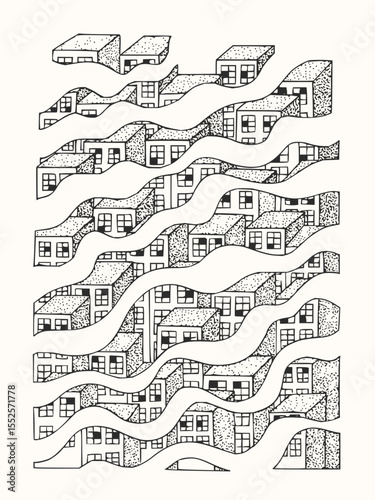 Minimilist an illustration showing a repetitive pattern of white ribbons with black shadows on a white background vector