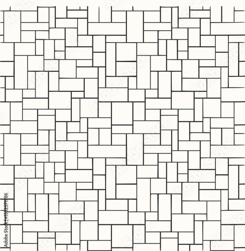 Minimilist abstract composition featuring a grid of black lines and white rectangles in varying sizes and orientations vector