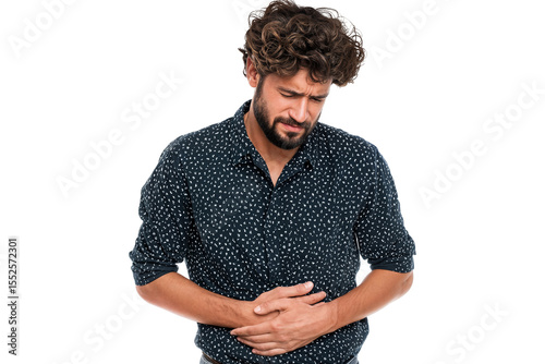 Young man suffering from stomach pain and holding abdomen with painful expression isolated on transparent background