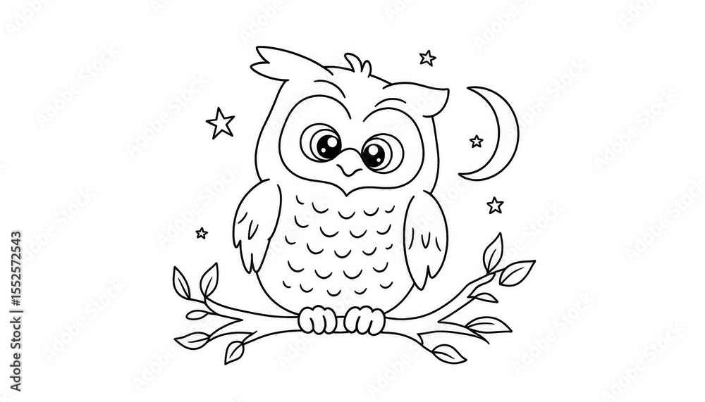 Fototapeta premium Nighttime Owl Colouring Page Adventure in Nature - A Fun Illustration for Kids