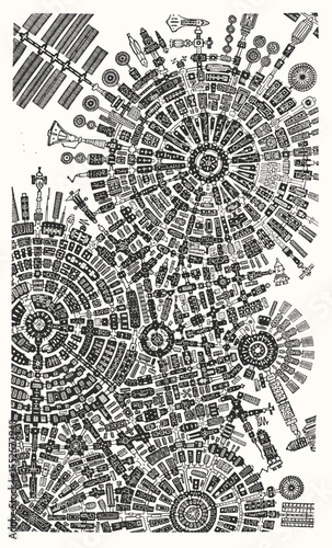 Minimilist detailed black and white drawing of complex circular structures with interconnected shapes and patterns vector