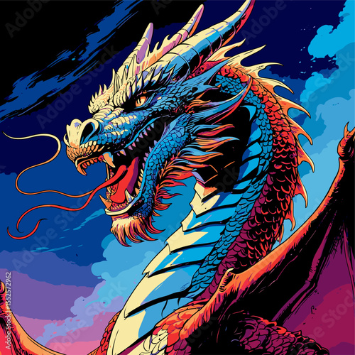 dragon vector image illustration with cloud background