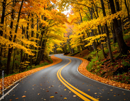 Autumn Road Trip Winding Road Through Golden Forest