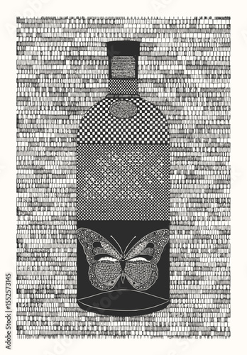 Minimilist monochrome illustration of a bottle with two butterflies against textured background with horizontal lines vector