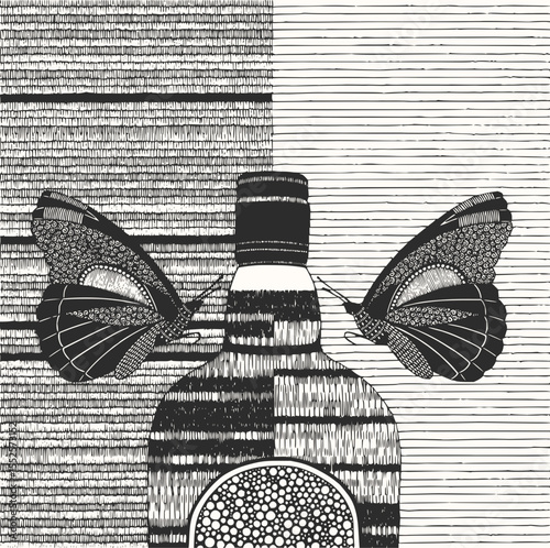 Minimilist two birds perched above a floral teacup against a textured monochrome block background design artfully done vector