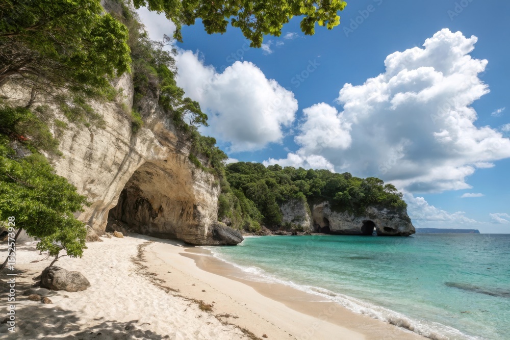 Naklejka premium Secluded tropical beach with cave and lush greenery
