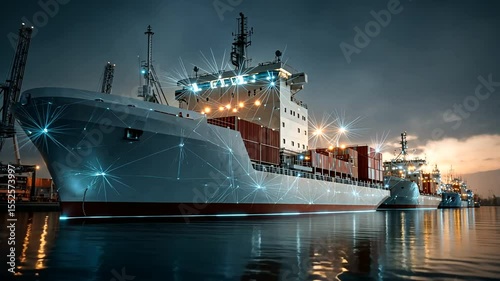 Container ship at night in port with glowing lights