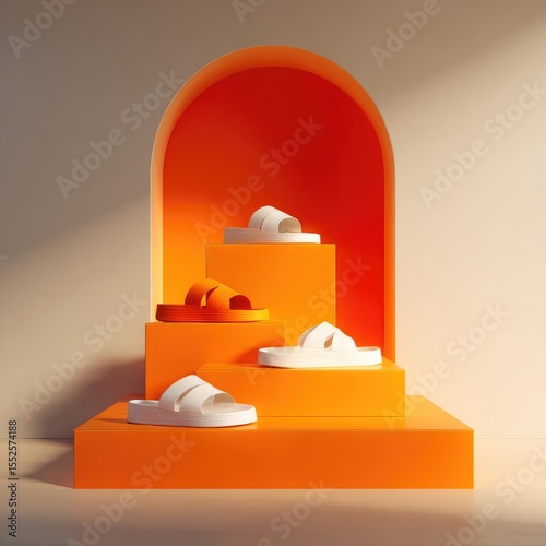 White and orange sandals on tiered orange display