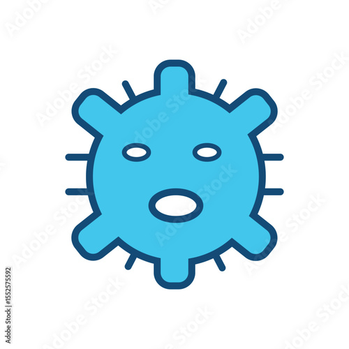 Creative flat line icon of a cartoon-style virus or microbe character with facial expression. Designed in blue color, this icon is ideal for medical, healthcare, pandemic, COVID-19 awareness, biology