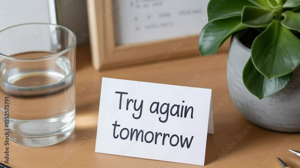 Desk with Note “Try Again Tomorrow” – Encouraging Minimal Space