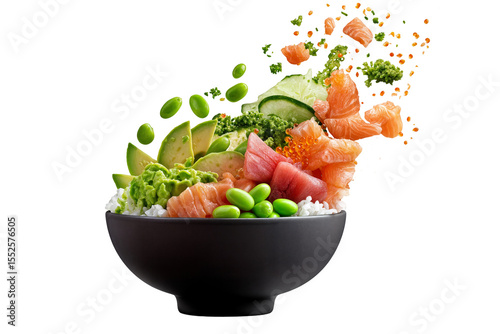 Fresh salmon poke bowl with edamame beans avocado rice and sesame seeds isolated on transparent background