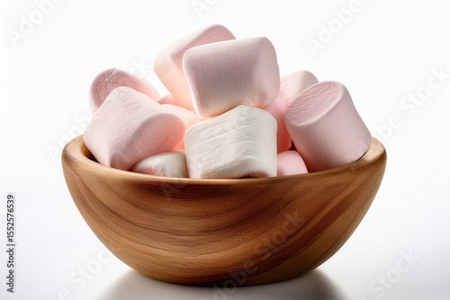 Light pink and white marshmallows in a small round wooden bowl, isolated on a white background