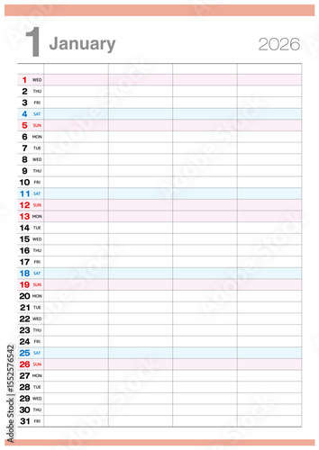 4人分のスケジュールが書き込める2026年1月のカレンダーです。