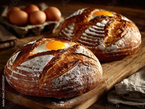 Sourdough baking with eggs rustic kitchen food photography cozy environment close-up view culinary creativity