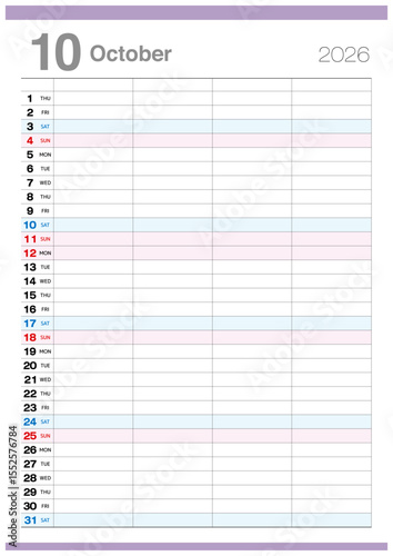 4人分のスケジュールが書き込める2026年10月のカレンダーです。